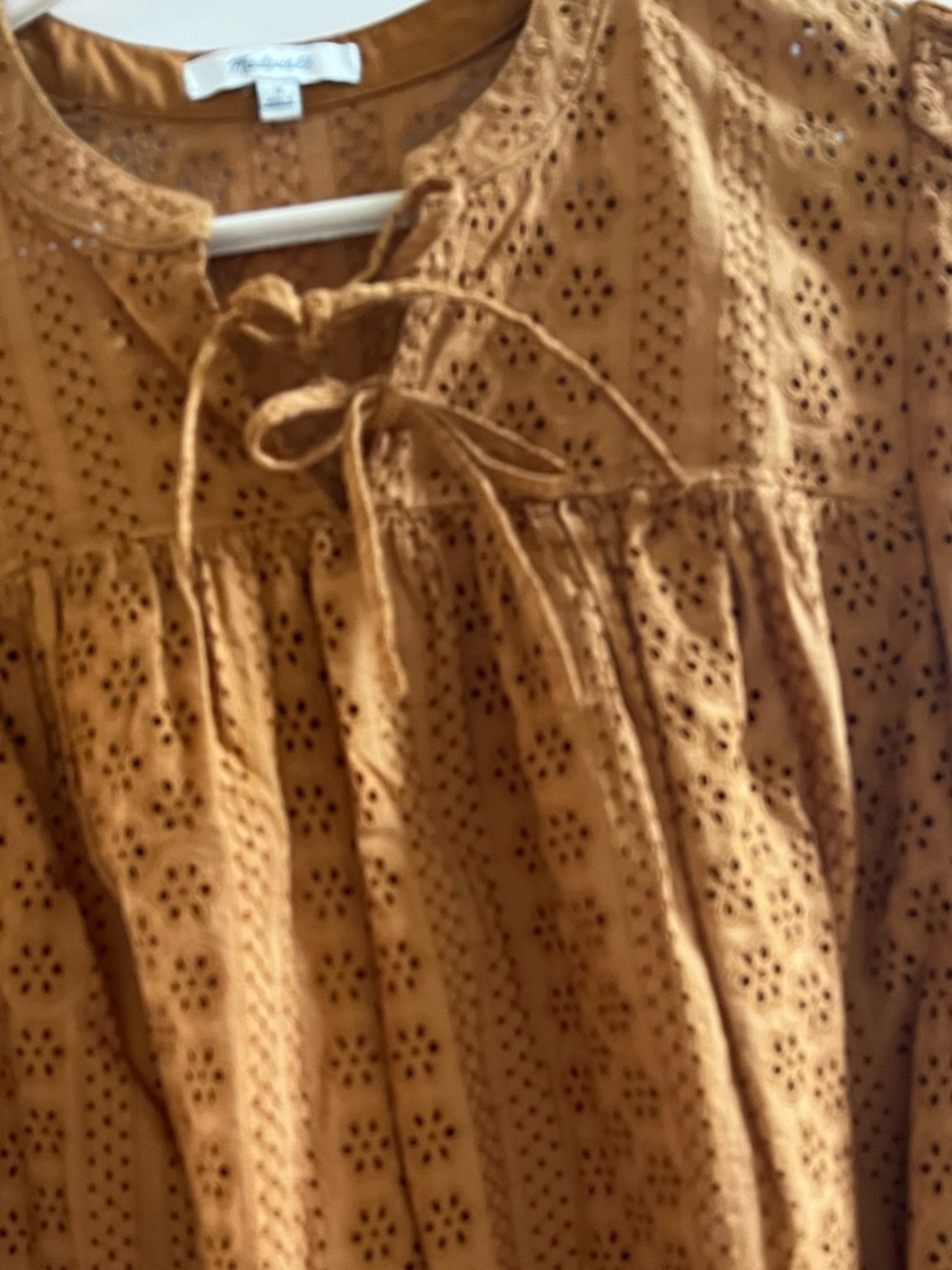 Madewell Eyelet Lace Tie-Neck Blouse | Rust Brown Boho Top Size M - Picture 5 of 6